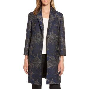 Emerson Rose Jacquard Jacket Gray Black Tweed W/ Navy Floral Knee Length Coat XS